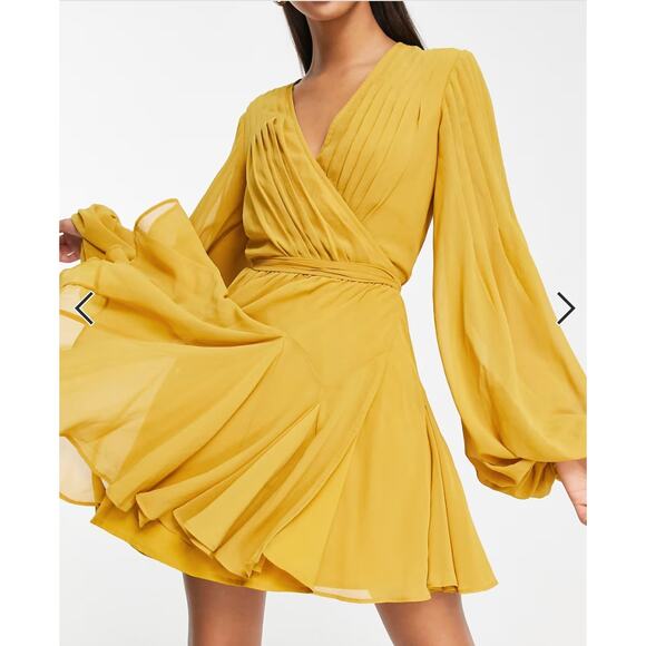 ASOS DESIGN wrap balloon sleeve mustard mini dress size 4 - Picture 7 of 7